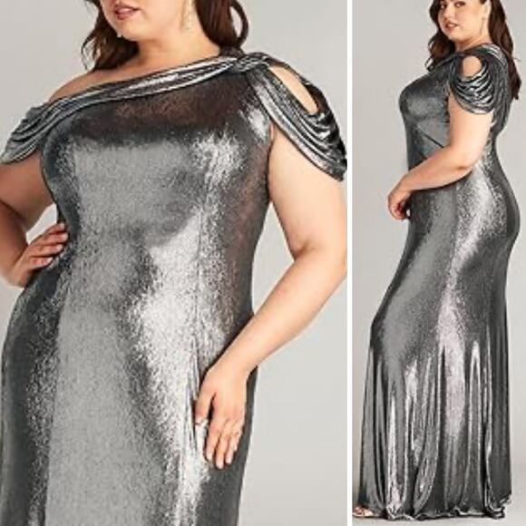 TADASHI SHOJI DRESS XL SILVER FALL WEDDING GUEST MOB GOWN LONG FORMAL METALLIC - Picture 2 of 14